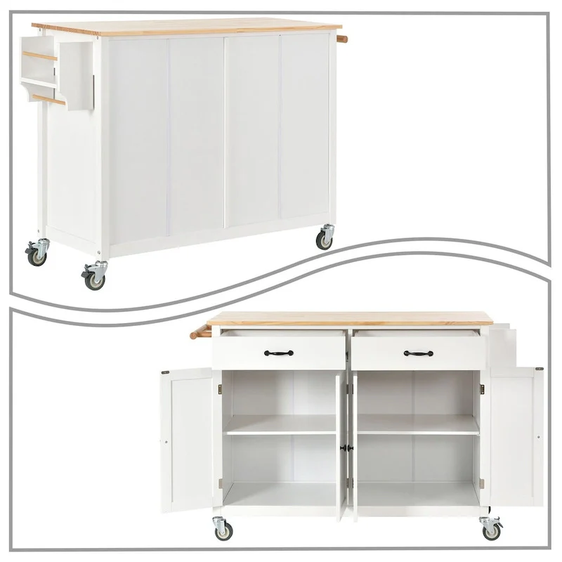 Classic Wooden Kitchen Island Cart with 2 Drawers, 2 Cabinets, a Towel Rack and a Spice Rack