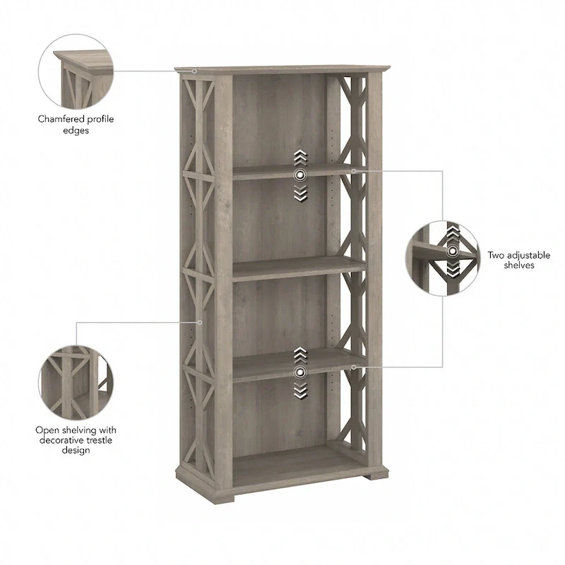 4-Shelf Bookcase in Linen White Oak / Driftwood Gray – 2 Adjustable Shelves