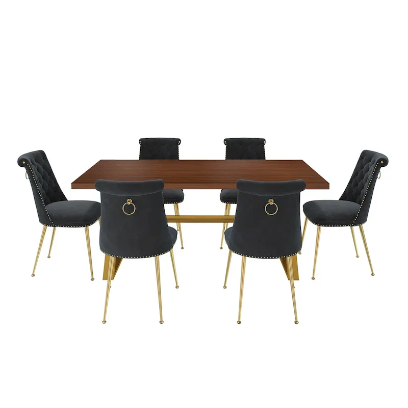 7-Piece  Walut Wood Dining Table with Velvet Chair Dining Chair