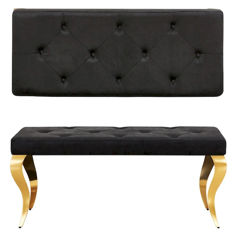 Luxury Velvet Bench Button Tufted Upholstered Dining Bench with Polished Metal Legs