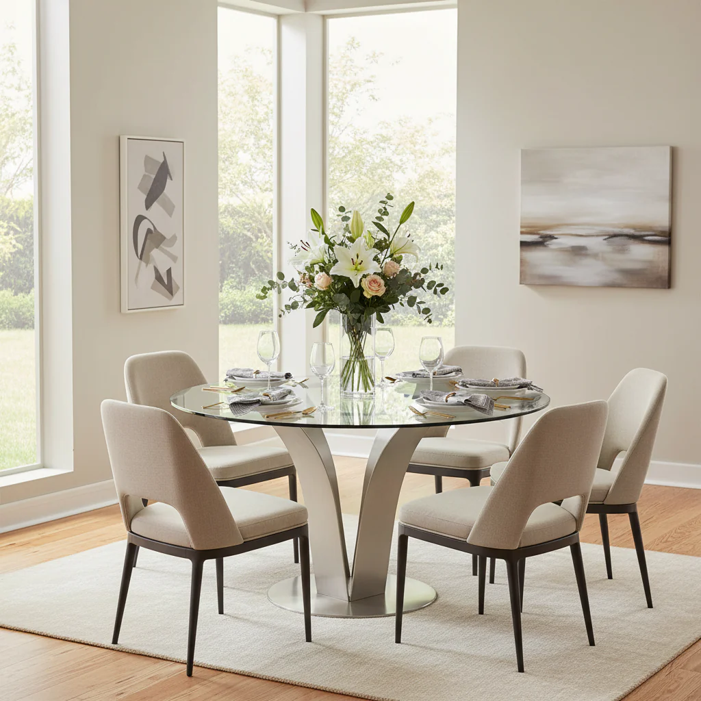 48 Inch Dining Table with Round Glass Top and Metal Base, Chrome