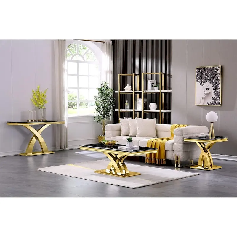 Luxurious 22 inch Black and Gold End Table with Polished Stainless Steel X Base
