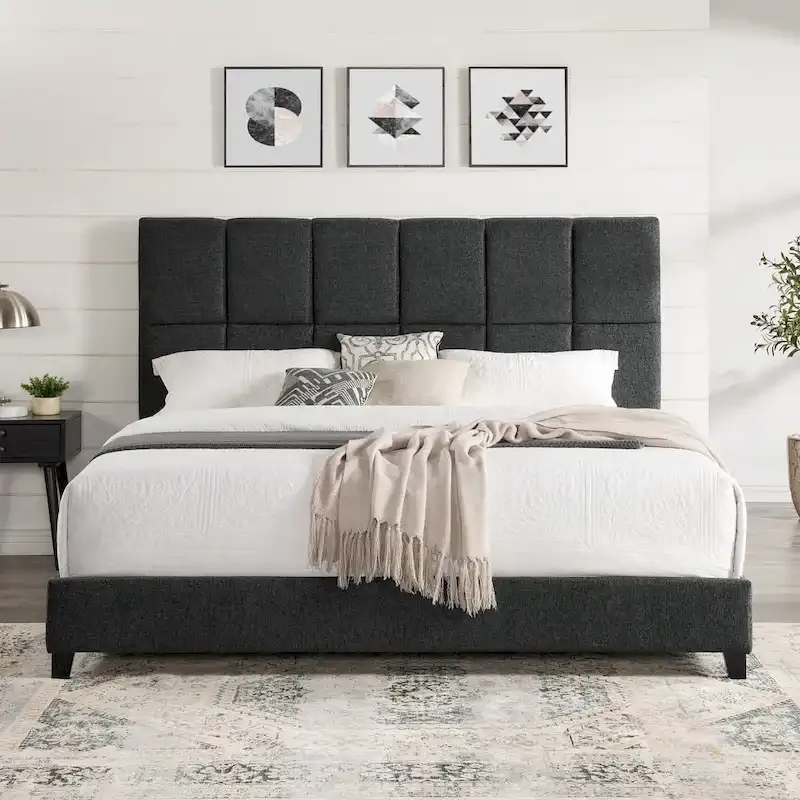 Tall Granite Dark Grey Square Headboard Upholstered Platform Bed, Modern Bedroom Furniture