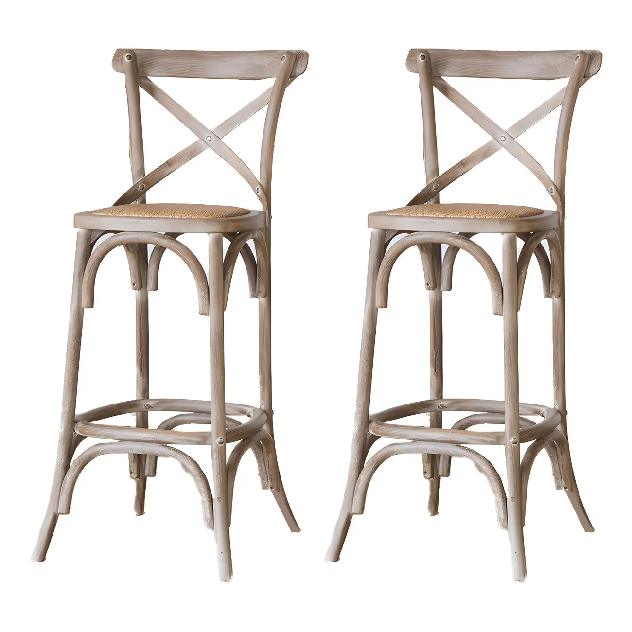 Rustic Solid Wood Wicker Cross Back Bar Stool in Brown/ Grey