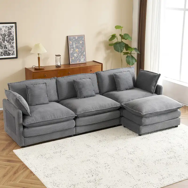 Sectional Sofa with Movable Ottoman Corduroy L-Shaped Upholstered Deep Seat Couch with Lumbar Pillows and Side Pockets