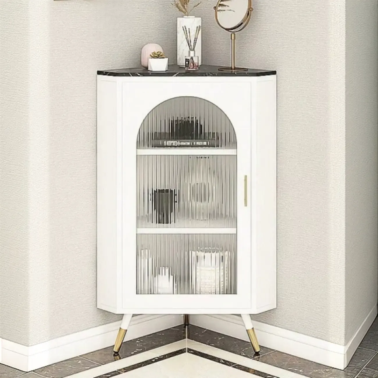 Elegant White Black Faux Marble Top Arch Glass Corner Cabinet