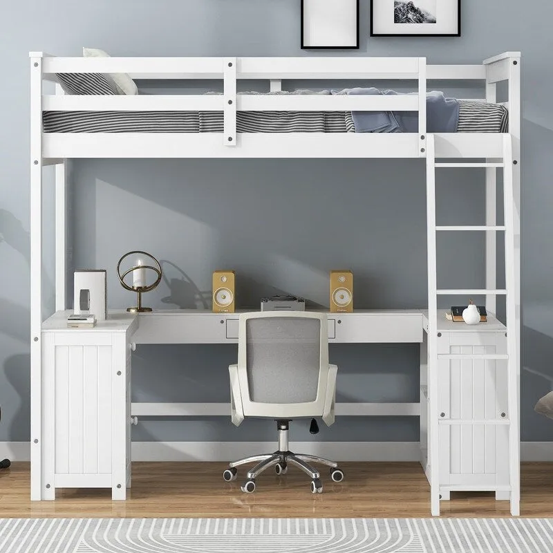 Twin Size Loft Bed with U-shaped Desk, Cabinet and Storage Shelves