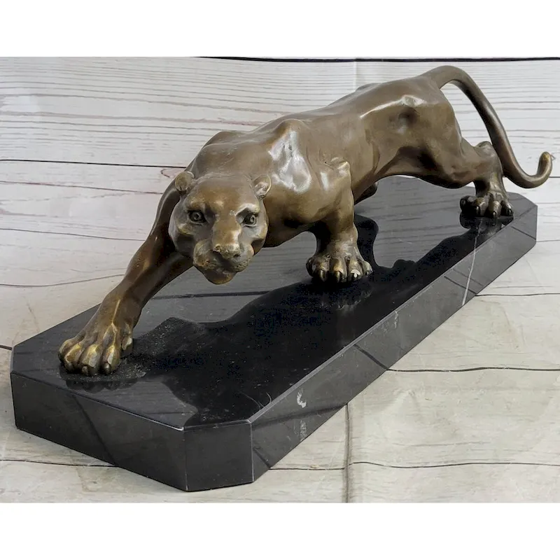 Cougar Puma Panther Mountain Lion Bronze Sculpture Statue On Marble Base