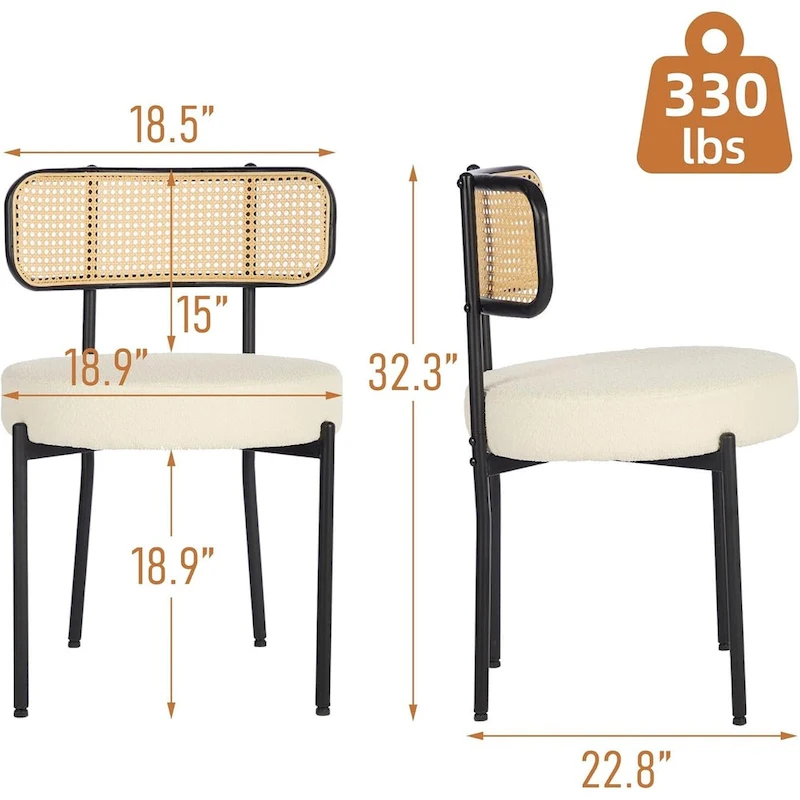 XINMICS Mid-Century Modern Dining Chairs, Boucle Upholstered Metal Side Chair with Rattan Cane Back, Set of 2 - set of 2