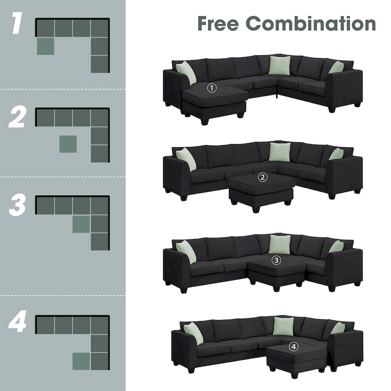 112*87  Sectional Sofa Couches Living Room Sets 7 Seats Modular Sectional Sofa with 3 Pillows, Black