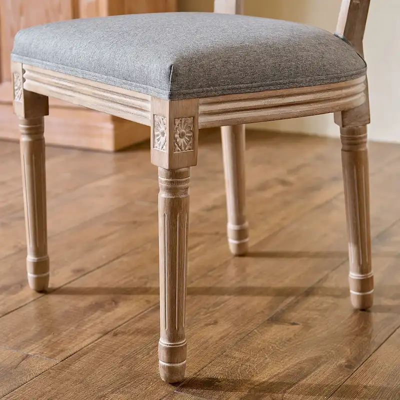 Set of 2 French Side Chairs with Carved Wood Legs & Linen Upholstery