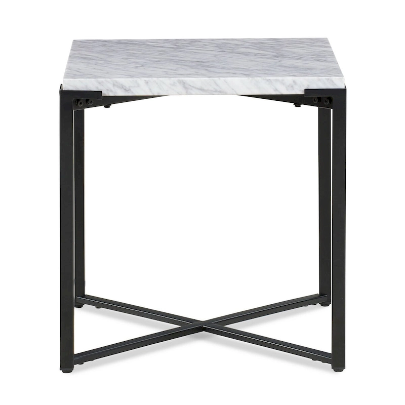 20 Inch Modern Side End Table, Carrara Marble Top, Steel Frame, Smooth Gray