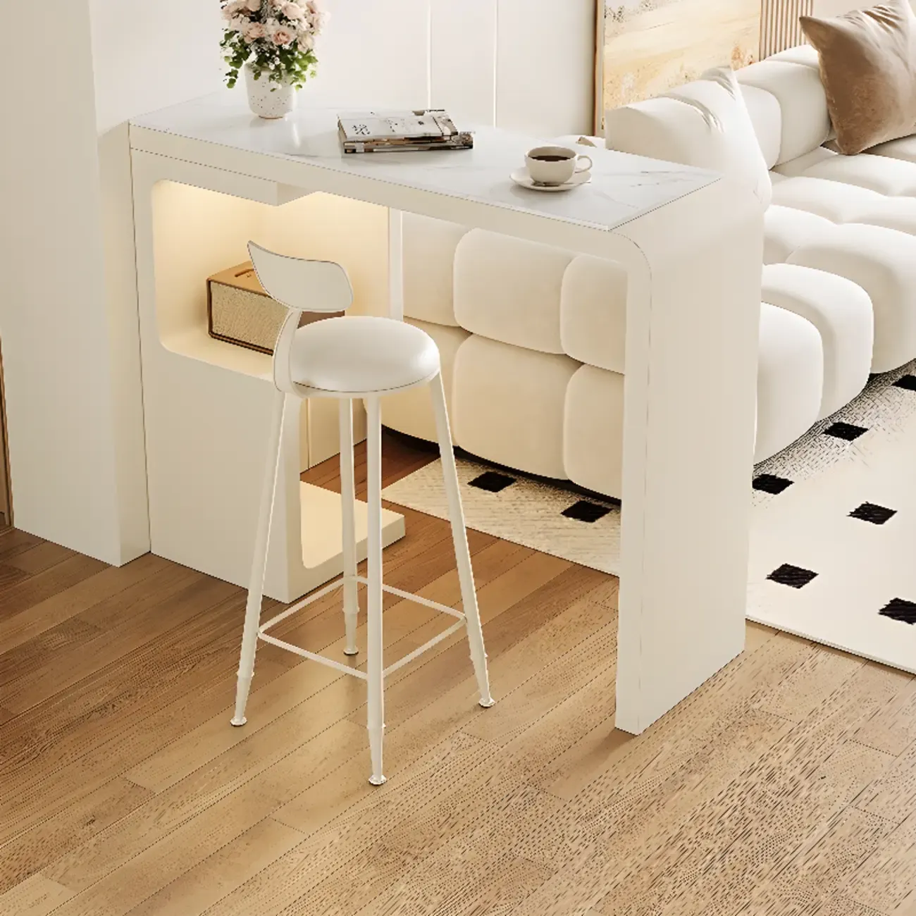 Off-White Rectangle Bar Table Stone Top with Shelves for Foyer