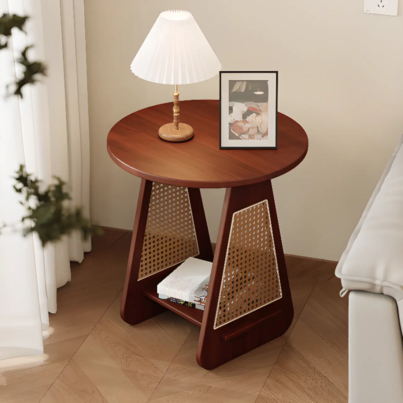 Mid-century Modern 2-tier Wood Side Table with Rattan Legs