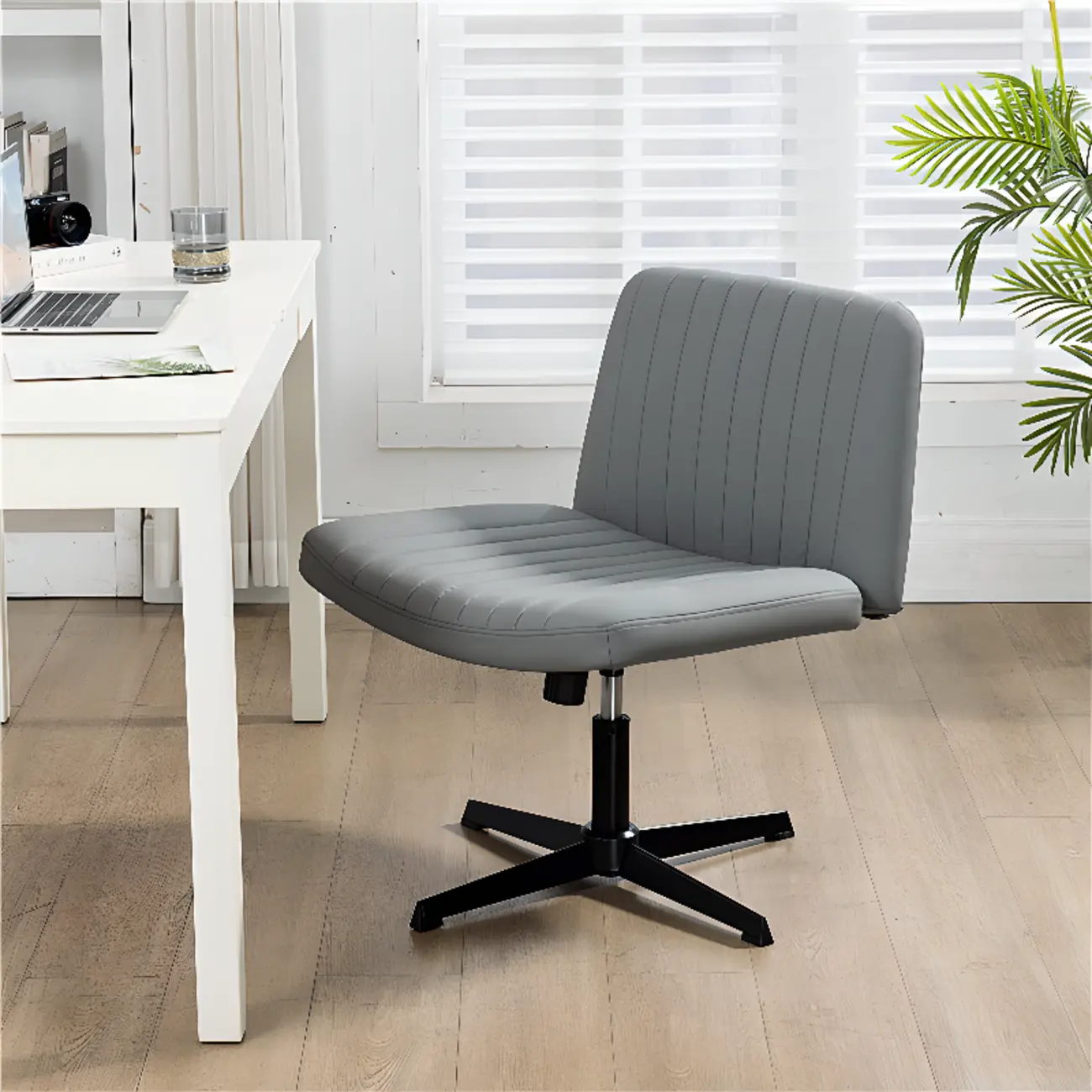 Low-Back White Upholstered Adjustable Swivel Office Chair