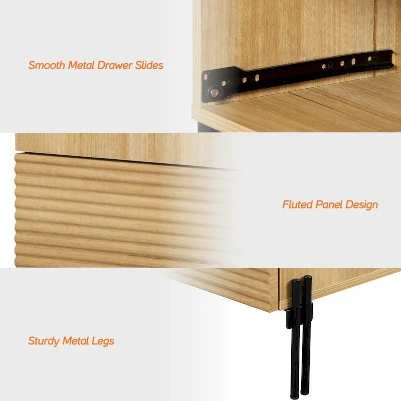 4-Piece Bedroom Furniture Set, 47 Fluted 6 Drawer Dresser, 61 Buffet Sideboard, 2 Nightstand with Charging Station, Oak