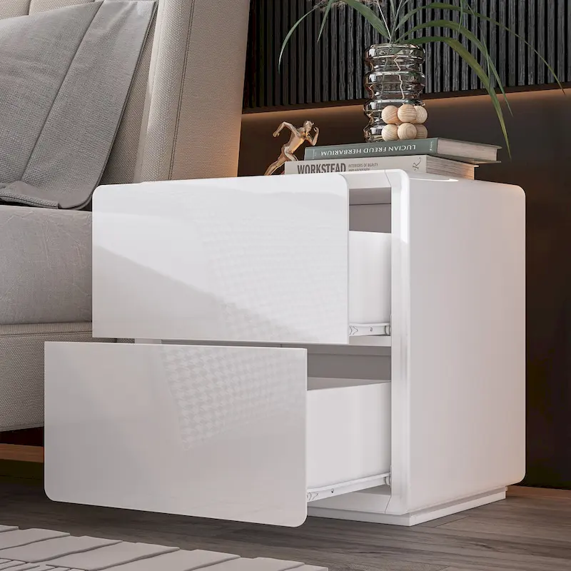 White Modern LED Nightstand High Gloss Bedside Tables with 2 Drawers