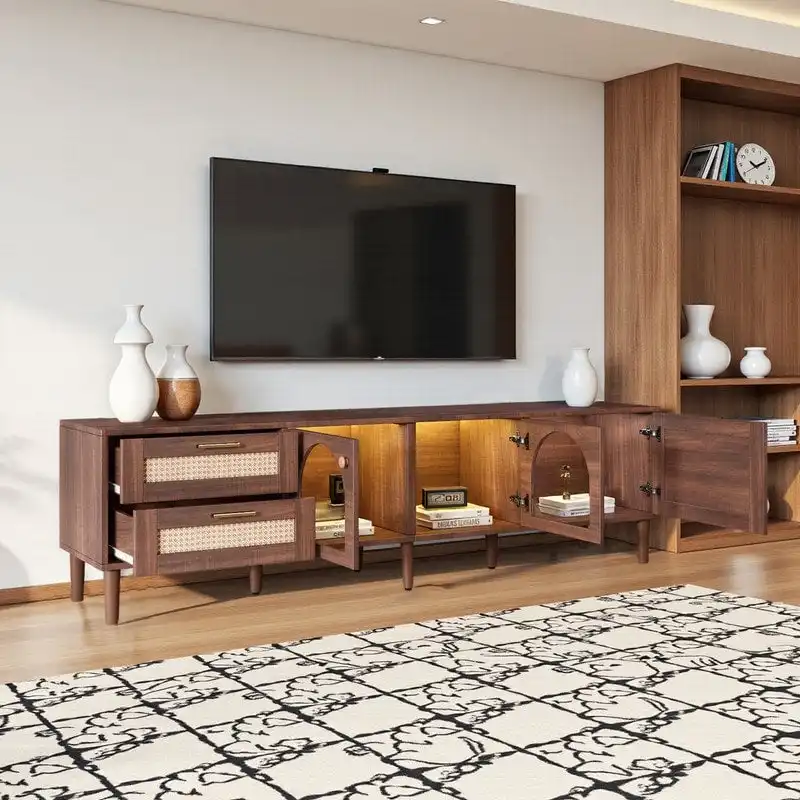 TV Stand with Rattan-Inspired Design, Fits TVs Up to 80 Inches, 3 Cabinets & 2 Drawers