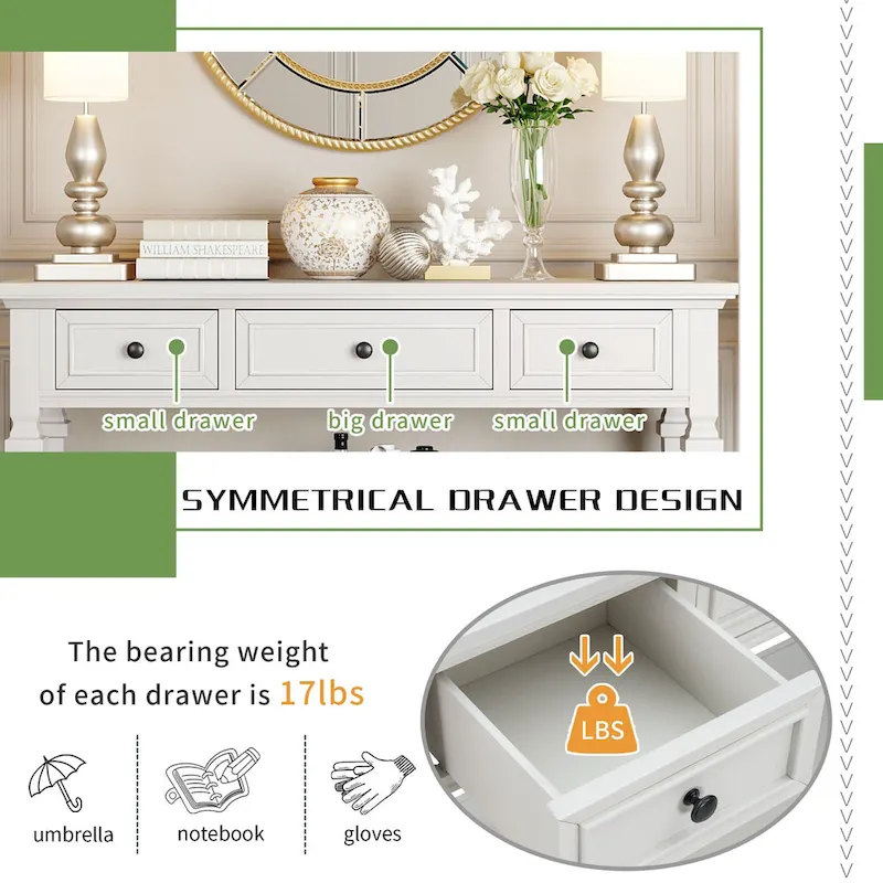 Classic Console Table with 3 Top Drawers and Open Style Bottom Shelf