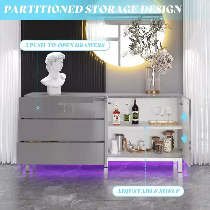 AMERLIFE High Gloss Electroplated Sideboard Buffet with LED Lights