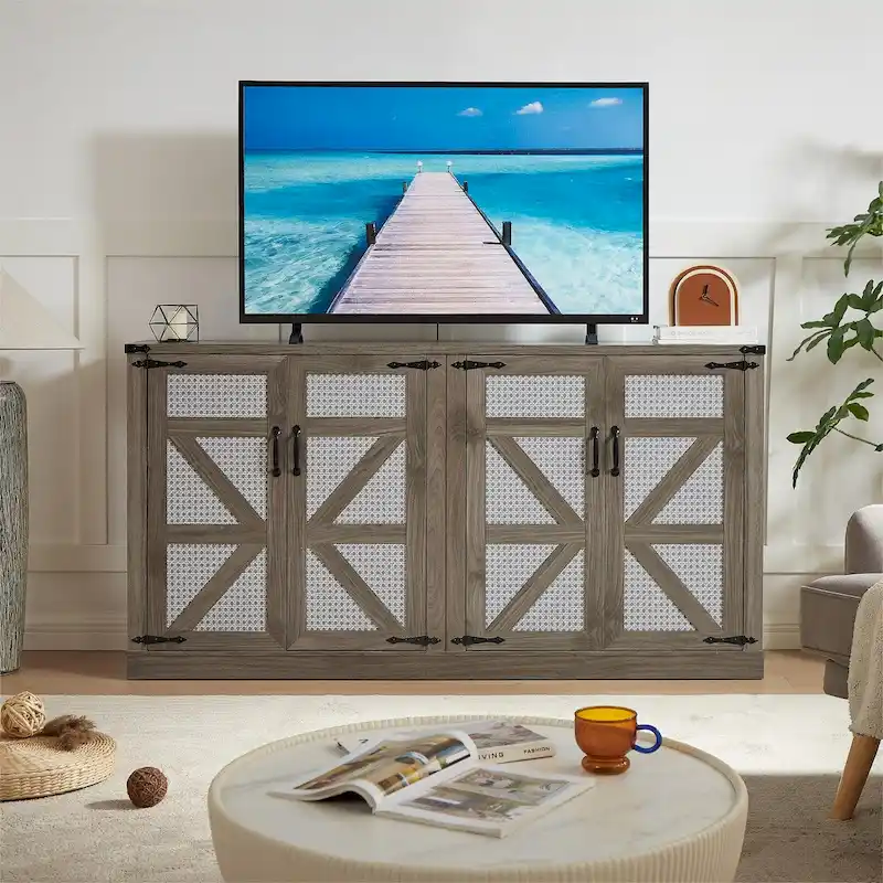 65-Inch Slate Gray Faux Rattan Sideboard with Barn Doors Rustic Sideboard,4-Door Storage for Living Room,Entryway,Dining Room