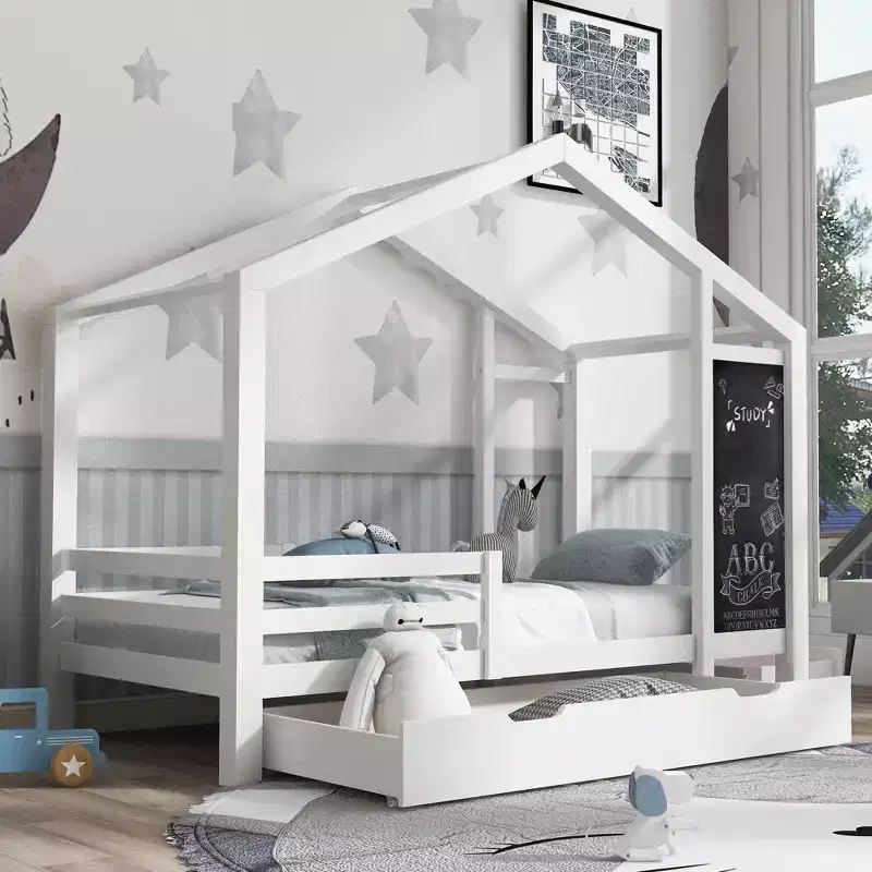 Full Size House Bed with Blackboard and Drawers, Two Assembly Options,Bed Frame with Guardrail,No Box Spring Needed,Space-Saving Design