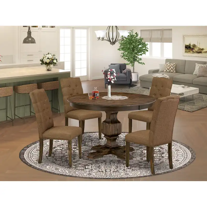 East West Furniture Kitchen Table Set- a Dining Table and Brown Linen Fabric Chairs, Distressed Jacobean(Pieces Options)