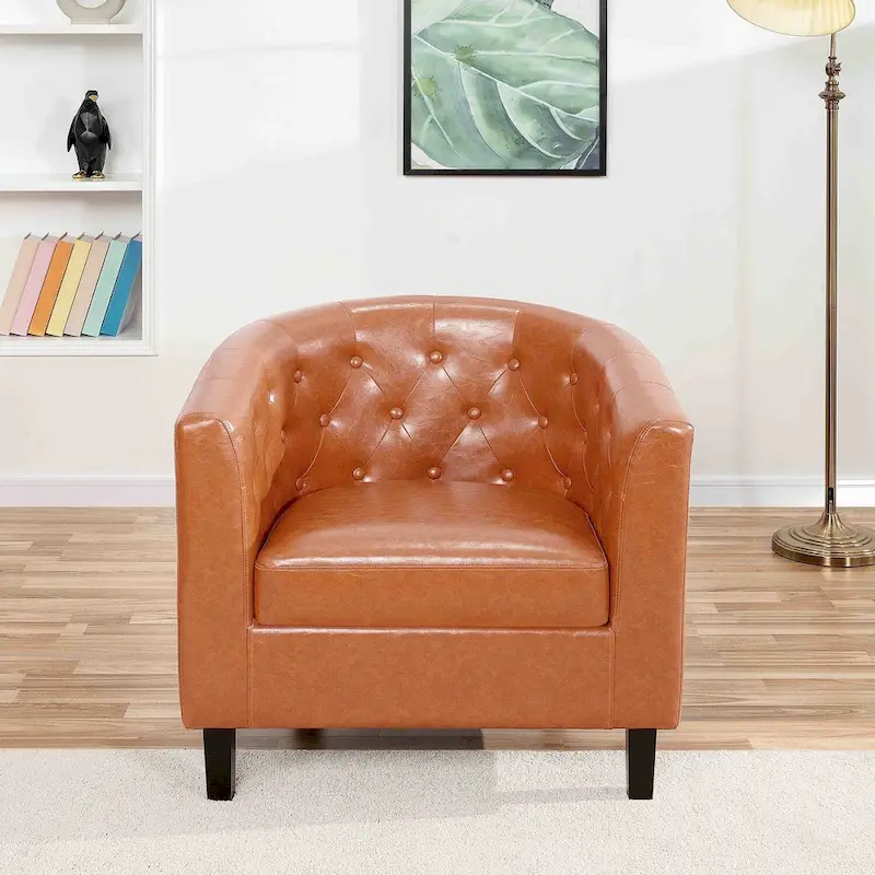Accent Chair, Button Tufted Faux Leather Barrel Chair, Midcentury Modern Accent Chair, Comfy Armchair, Tub Barrel Chairs