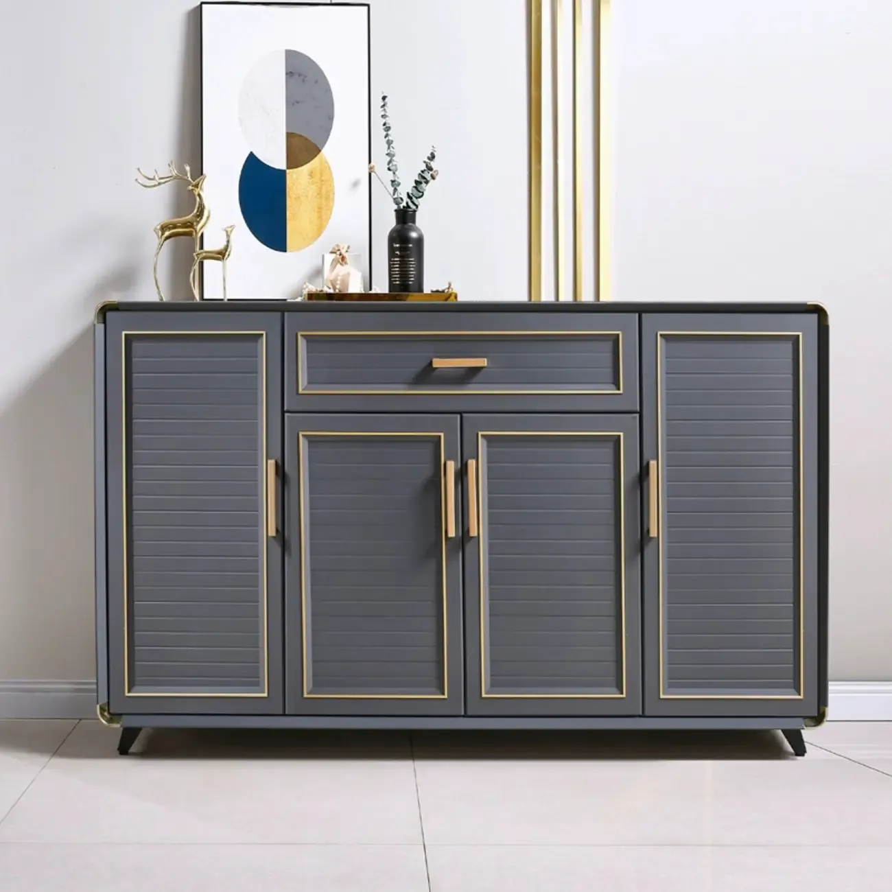 Luxury Grey Metal Entryway Shoe Cabinet with Gold Trim