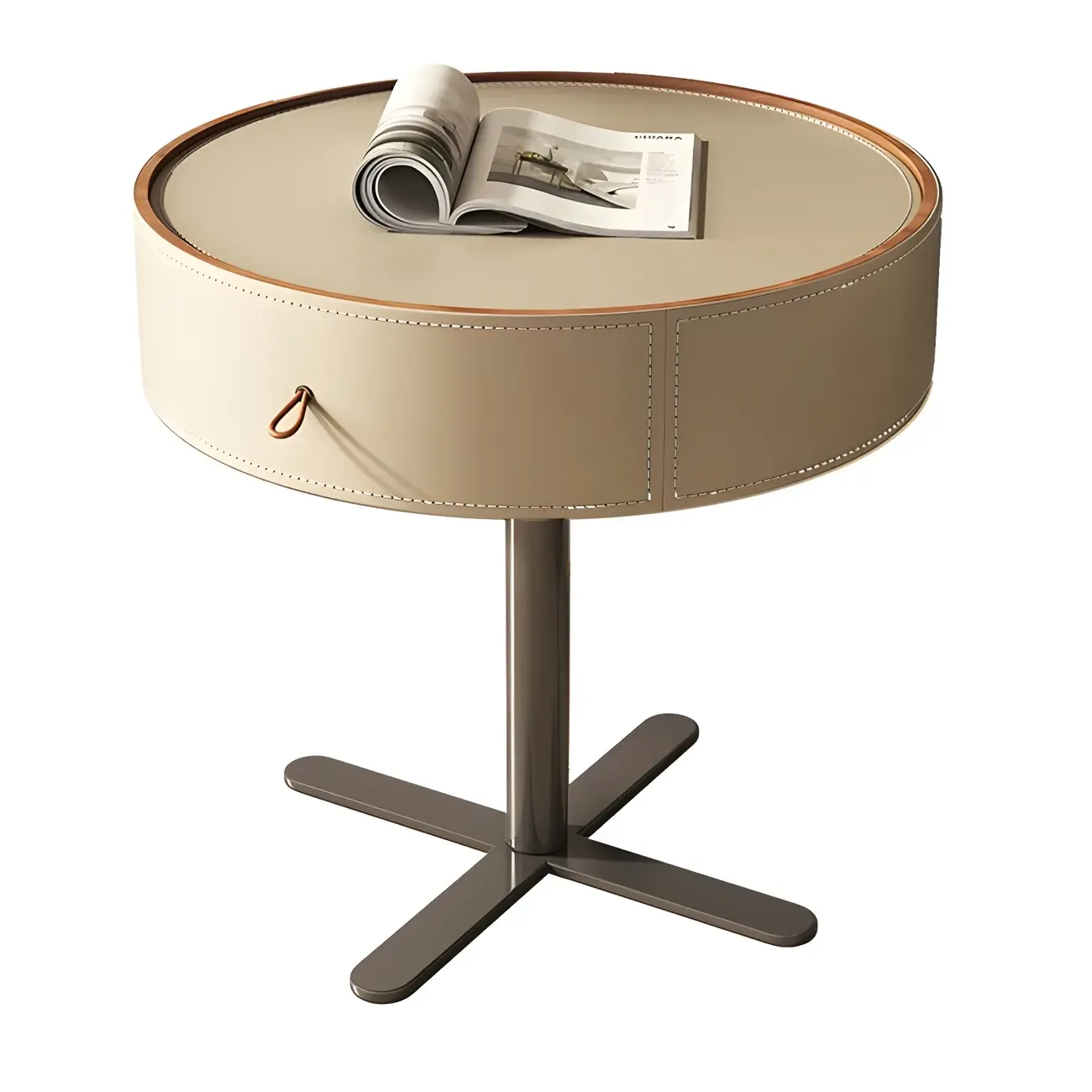 Modern Beige Faux Leather Round Metal Cross Drawer Nightstand