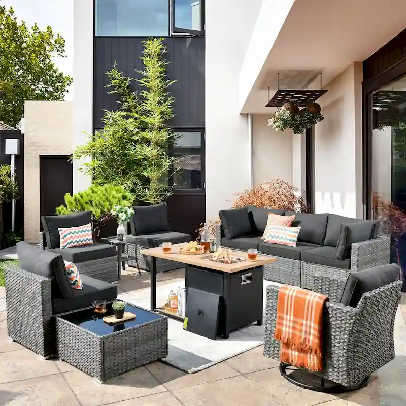 XIZZI 10-piece Outdoor Wicker Patio Furniture Set with Fire Pit Table