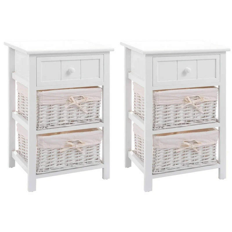 3 Layer Set of 2 Wooden Bedside End Table with 2 Wicker Baskets and 1 Drawer - 16 x 12 x 25(L x W x H)