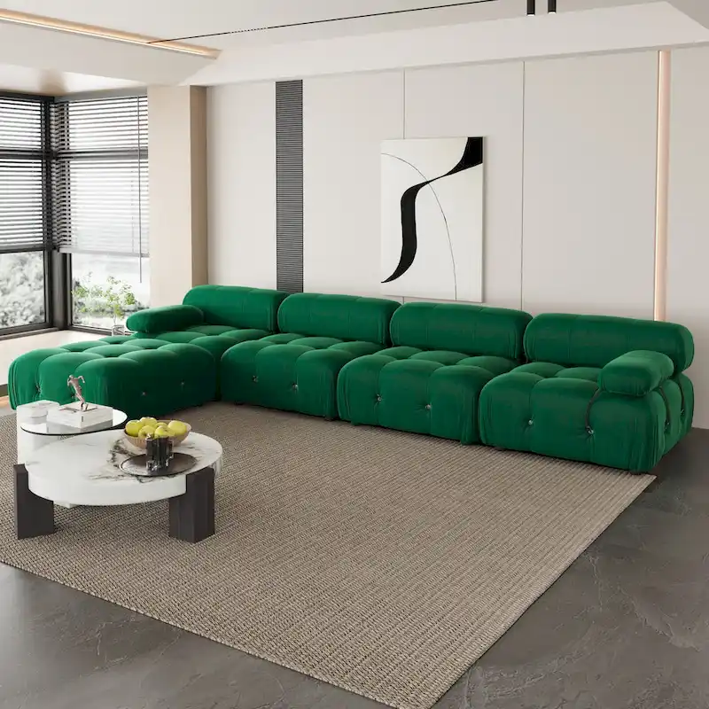 L-Shaped Velvet Sectional Sofa with Ottoman