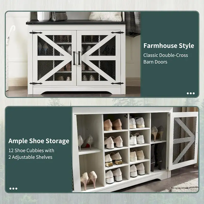 42  Wide Farmhouse Entryway Bench with Coat Rack, Mudroom Cabinet