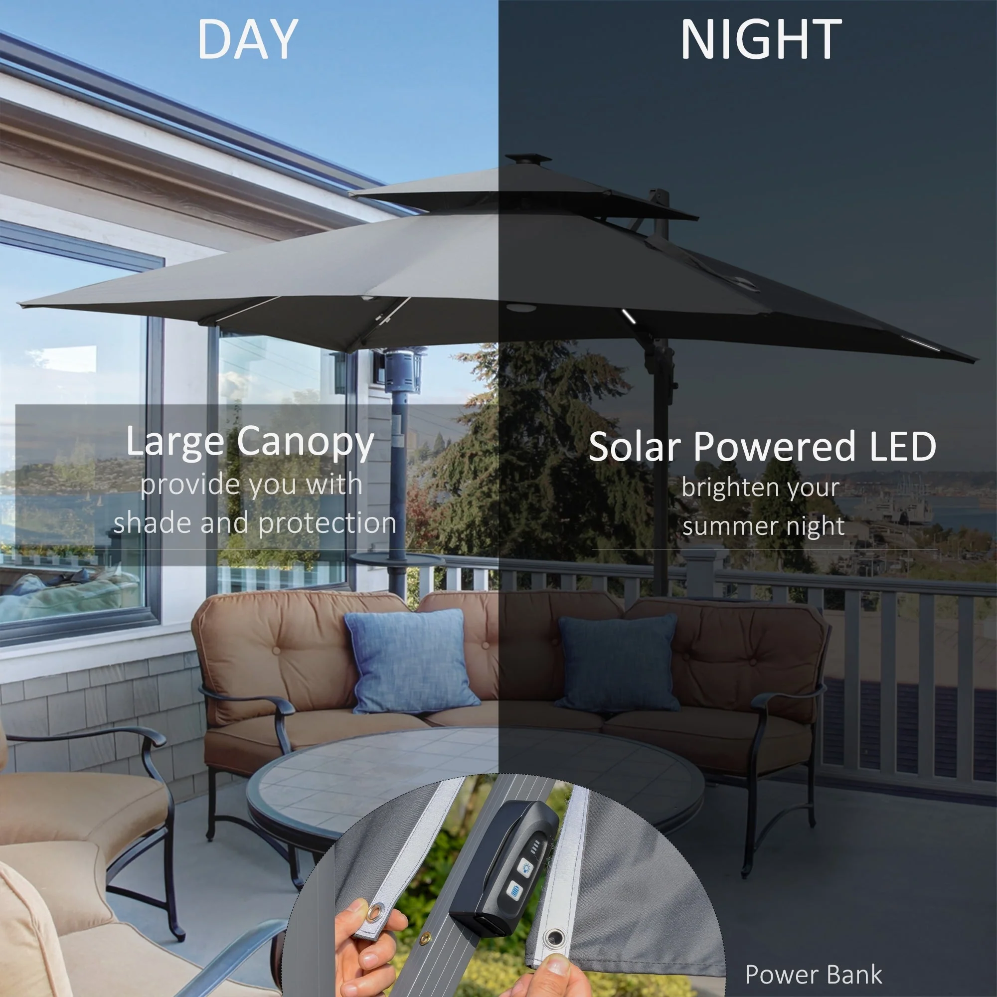 Outsunny 10ft Solar LED Patio Umbrella, Offset Hanging Umbrella with 360° Rotation, Cross Base, 8 Ribs, Tilt and Crank