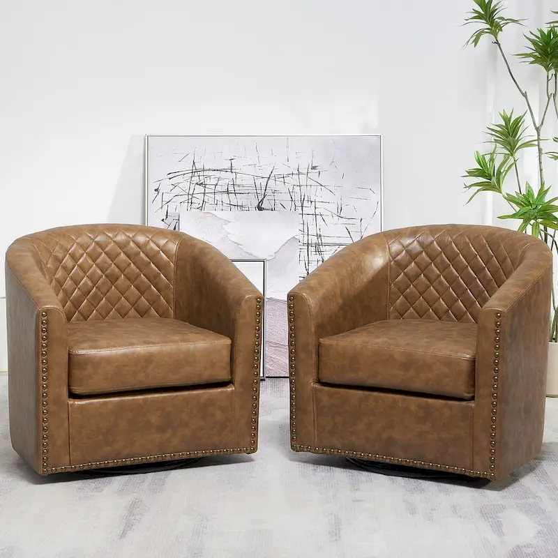 KINWELL 29 Wide Tufted PU Leather Swivel Barrel Chair (Set of 2)