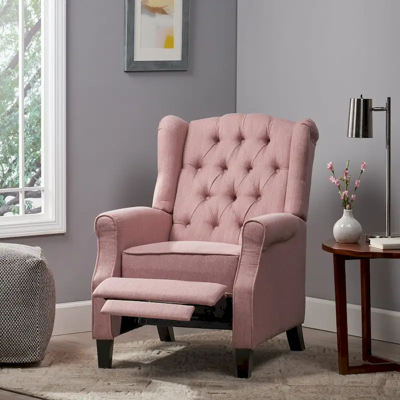 Modern Wingback Push-Back Recliner with Footrest, Button-tufted, Birch Legs