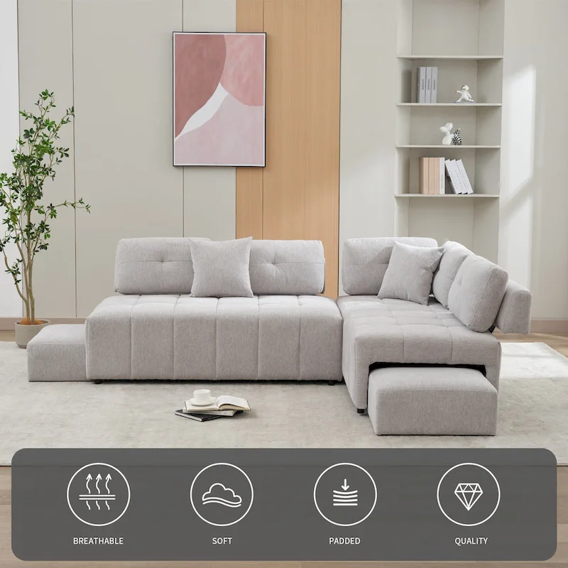 91.73 L-Shaped 4 Seater Sectional Sofa with 2 Hidden Stools, 2 Removable Lumbar Pillows, and Durable Chenille Upholstery