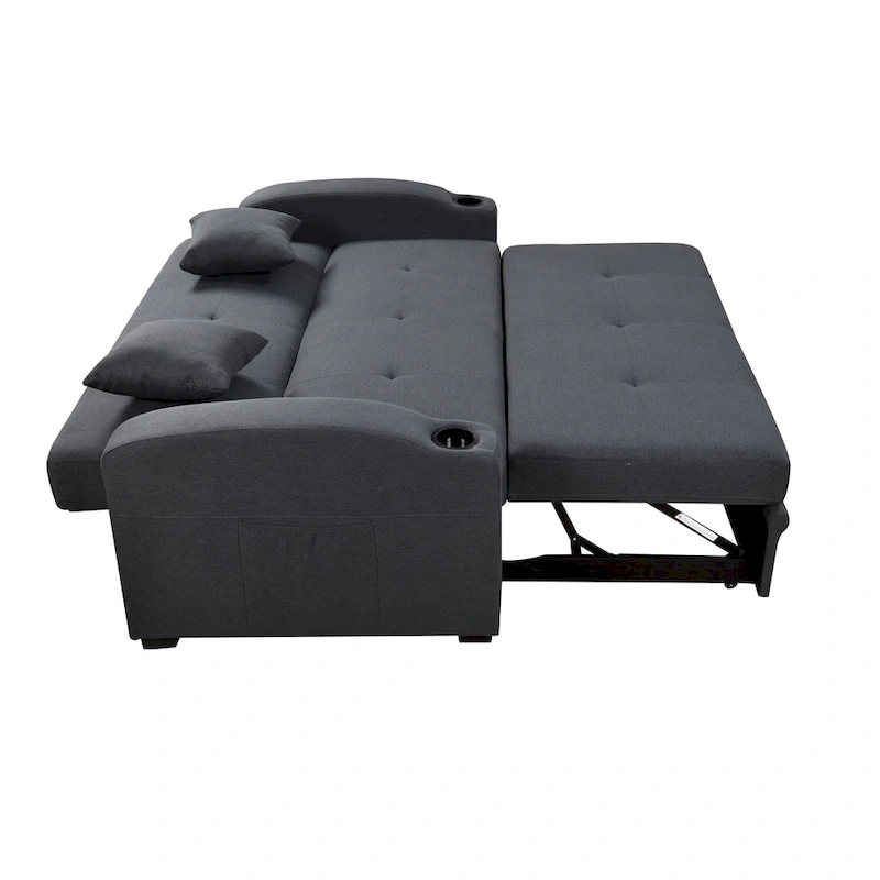 Roomfitters 75 Inch 3 in 1 Convertible Modern Sofa with Convenient Pull Out Bed, Reclining Backrest, Cup Holders, Pillows