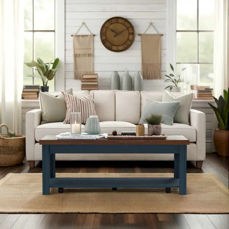 Bridgevine Home Nantucket 48 inch Coffee Table, No Assembly Required, Blue Denim and Whiskey