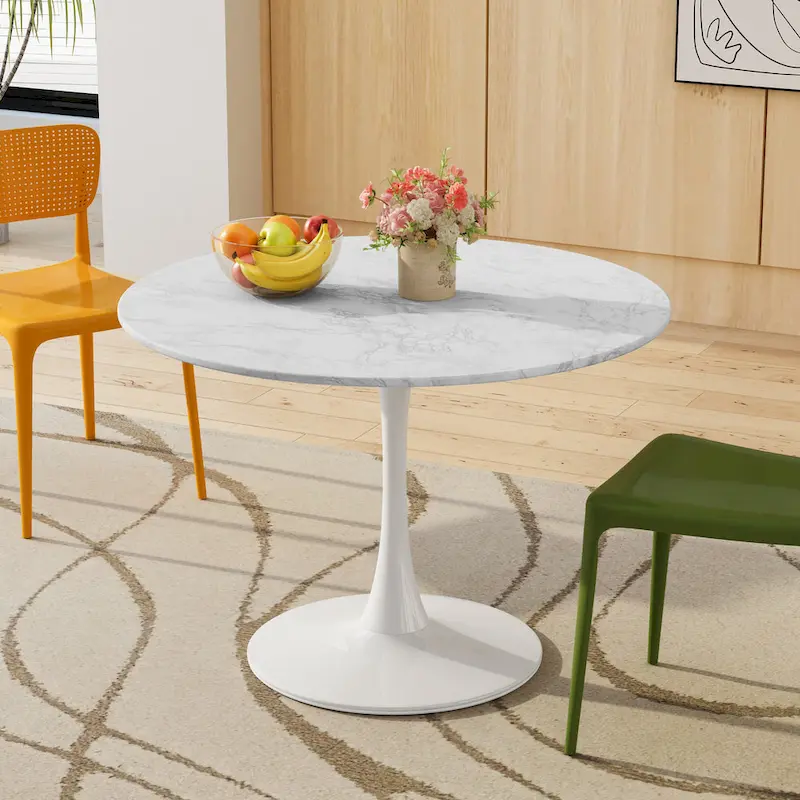Round Dining Table with Metal Base – White Marble / Black Marble / Oak+Black / Black / White / Natural+White, Seats 2-4