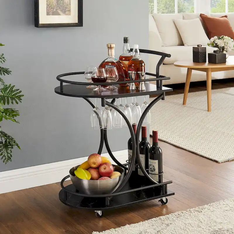 Black Wood Kitchen Cart with Wine Rack & Glass Holder Beverage Cart 2-Tier Mobile Bar Serving Cart Rolling Drink Trolley