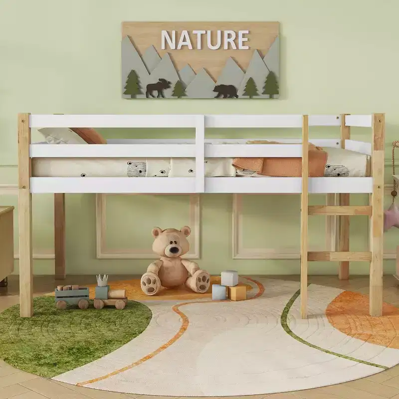 MAYEERTY Rubber Woood Loft Bed with Safety Ladder Multicolored
