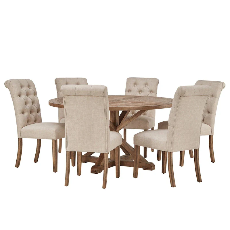 Benchwright Rustic X-base Round Pine Wood Rolled Back 7-piece Dining Set by iNSPIRE Q Artisan