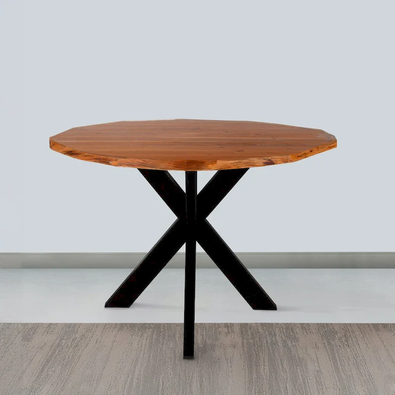 41-Inch Handcrafted Live-Edge Round Dining Table — Natural Brown Acacia Wood Top with Black Iron Legs