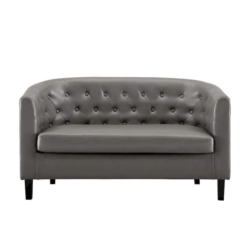 Midcentury Modern Button Tufted Faux Leather Barrel Loveseat - Comfy Tub Loveseat Sofa