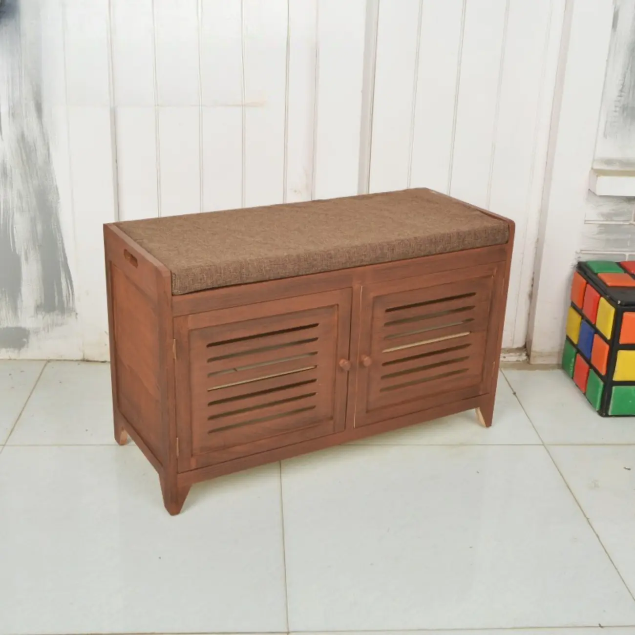 Entryway Wooden Cushioned Shoe Bench with Cabinet