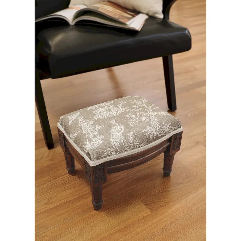 Taupe Chinoiserie Footstool with wood stained finish