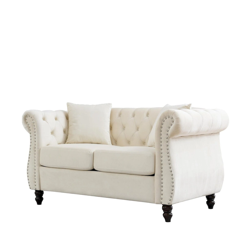 Beige Velvet Chesterfield Loveseat Sofa, Rolled Arms, Nailhead Trim