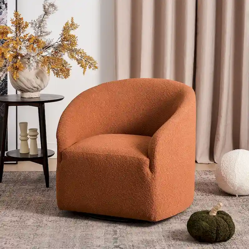 KINWELL 32 W Boucle Upholstered Swivel Barrel Accent Armchair